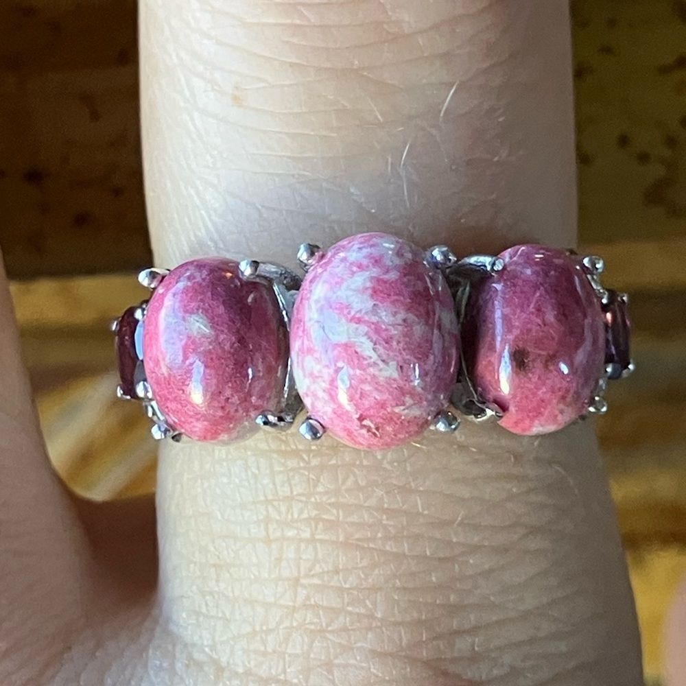 Norwegian Thulite Rhodolite Garnet Sterling Silver Ring Size 8